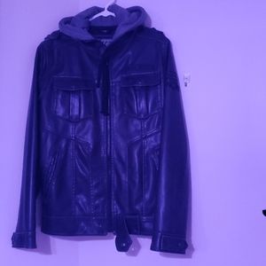 Buckle hooded leather jacket.